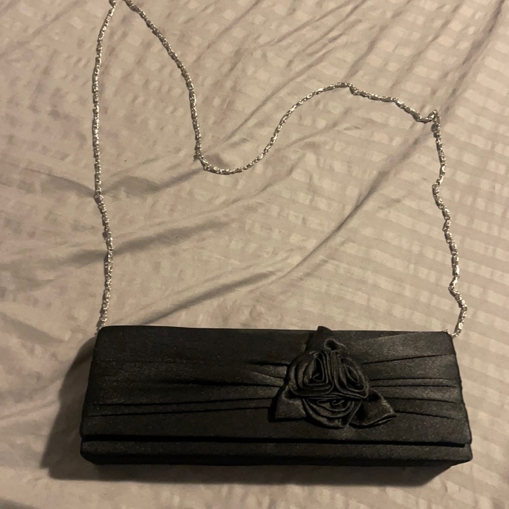 Black satin clutch with silver removable chain